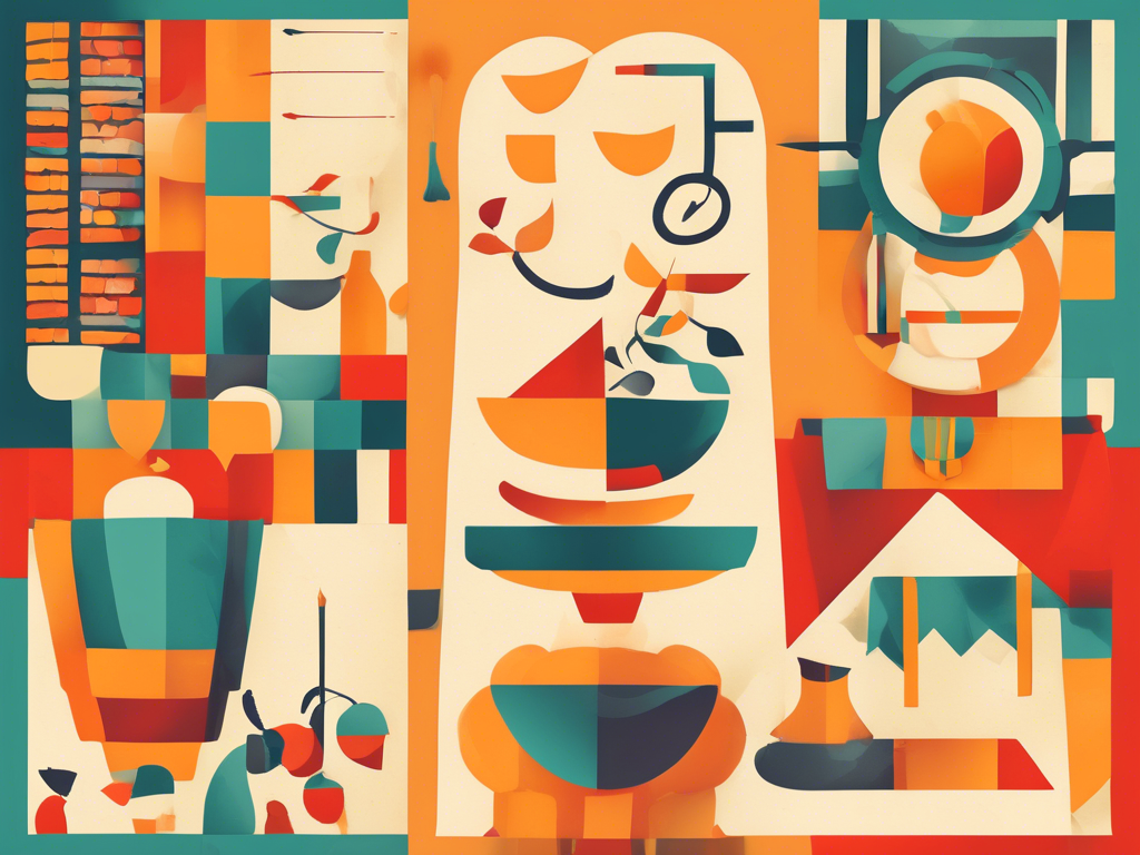 Abstract geometric artwork featuring assorted shapes and vibrant colors including orange, teal, and yellow. The composition includes bowls, bottles, and abstract forms.