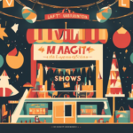 Colorful, retro-style illustration of a lively circus scene with a central tent surrounded by vibrant decorations, lights, and signs.