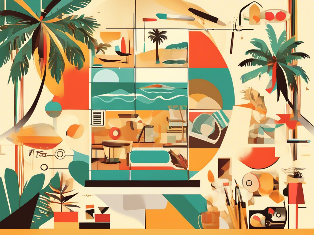 Abstract collage featuring tropical elements, geometric shapes, and a blend of warm colors. Includes palm trees, waves, and various artistic tools arranged in a vibrant layout.